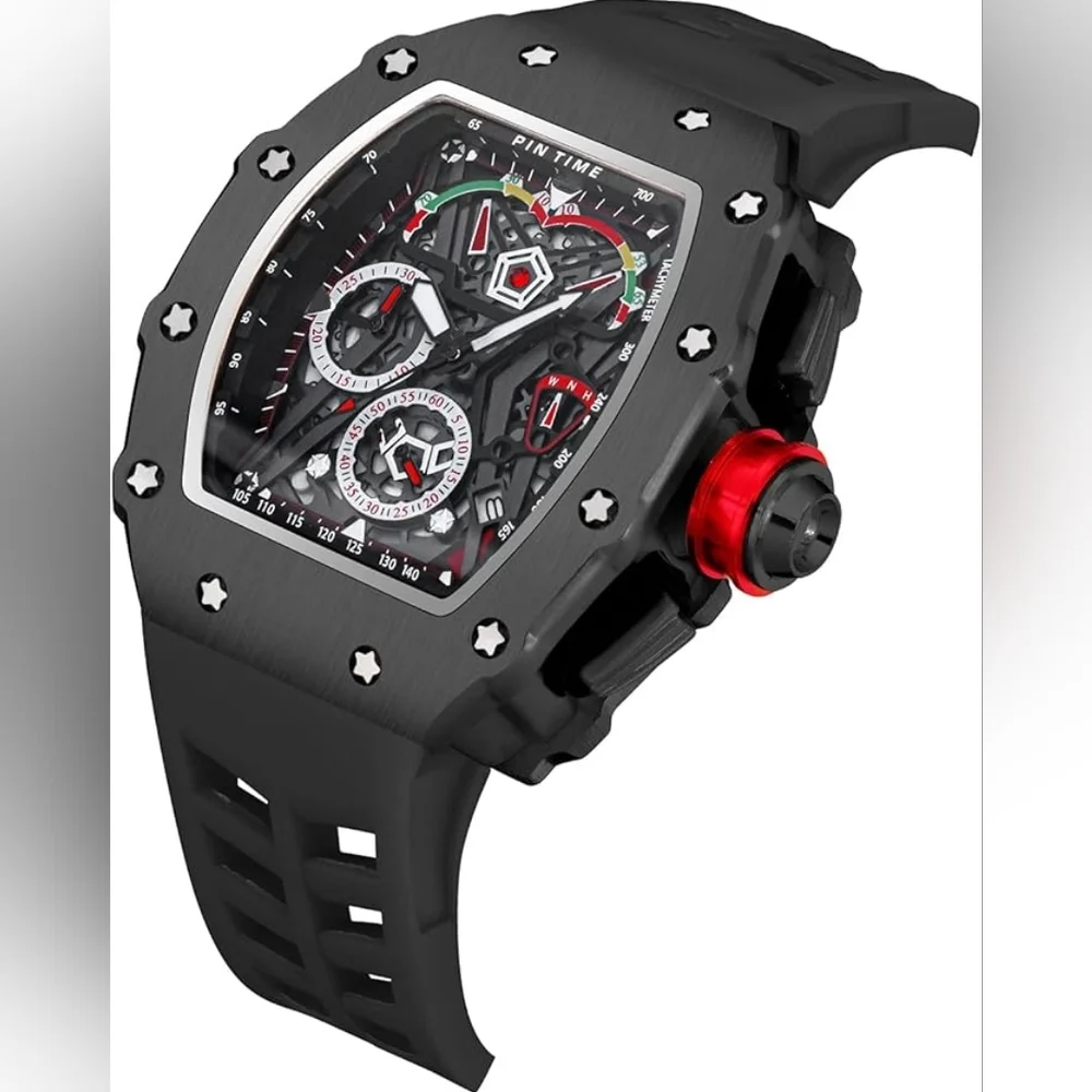 PINTIME Mens Watch Chronograph Wristwatch‎ Black Red Huge Needs Battery